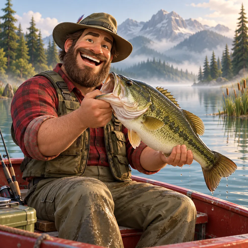 Ilustração em estilo cartoon: pescador sorridente em um barco, em um lago tranquilo, segurando um peixe